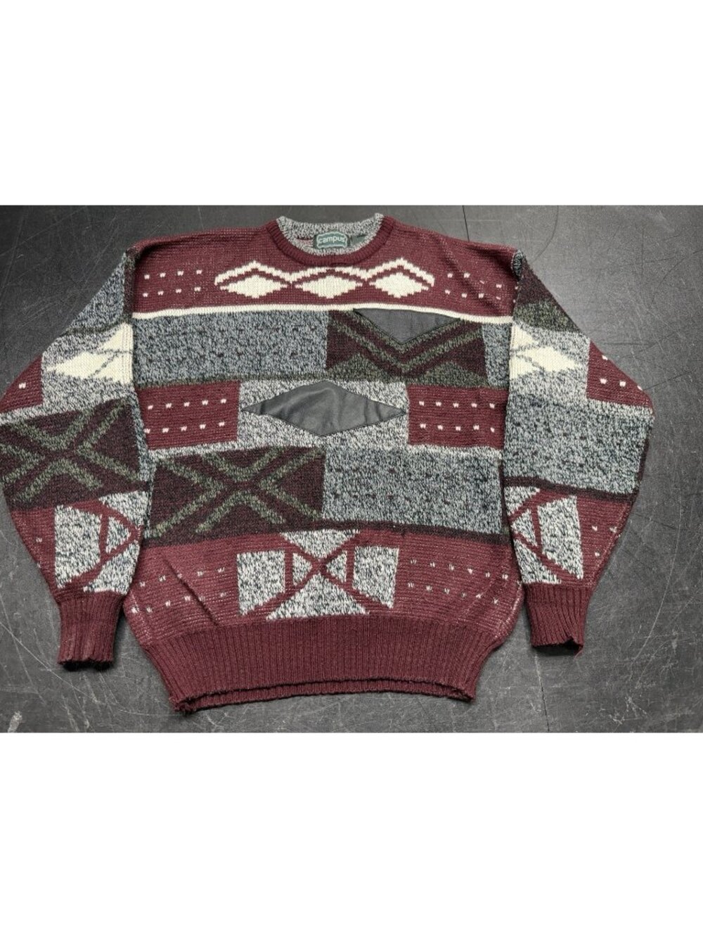 Vintage 90s Campus Abstract Geometric Sweater XL Acrylic Leather Trim Retro